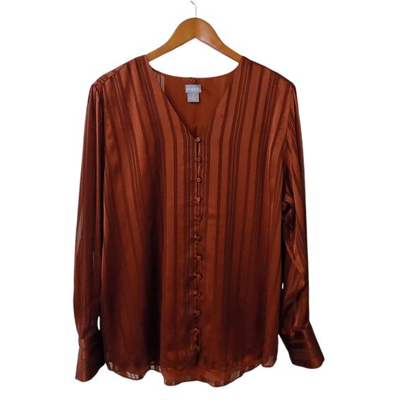 Chico's Shadow‎ Stripe Blouse Women 3 X Large Autumn Brown Sheer Sleeves Office - Picture 1 of 5